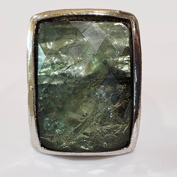 Vintage Green Foil Faceted Acrylic Stone Silver Plate Rectangle Adjustable Ring - Picture 10 of 11